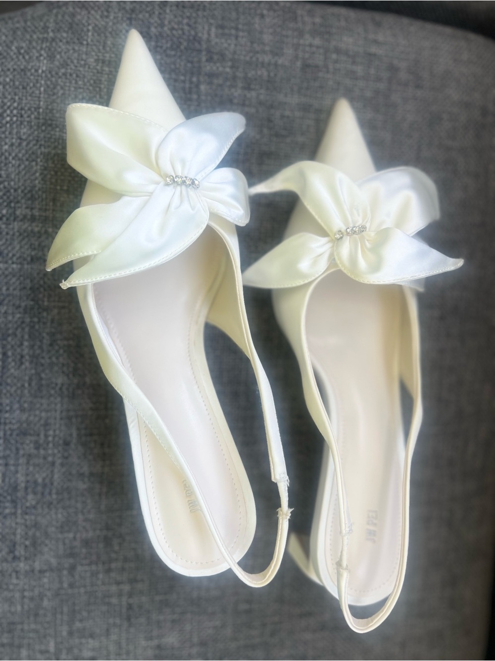 JW PEI Ivory Satin Slingback Heels with Bow Accent - Picture 2 of 5